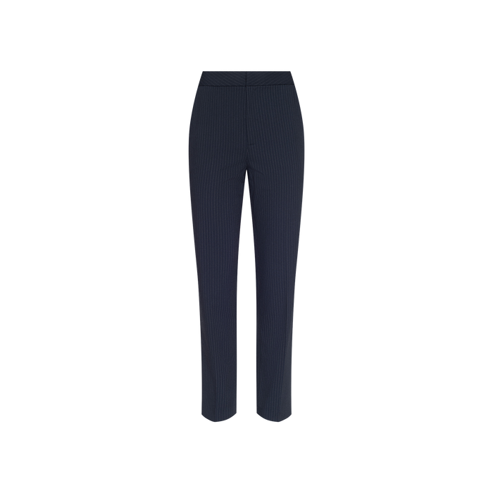 The Rebel Pinstriped Trouser, featuring a navy blue hue, high-rise fit, and straight-leg silhouette with subtle navy pinstripes, is displayed on a plain white background.