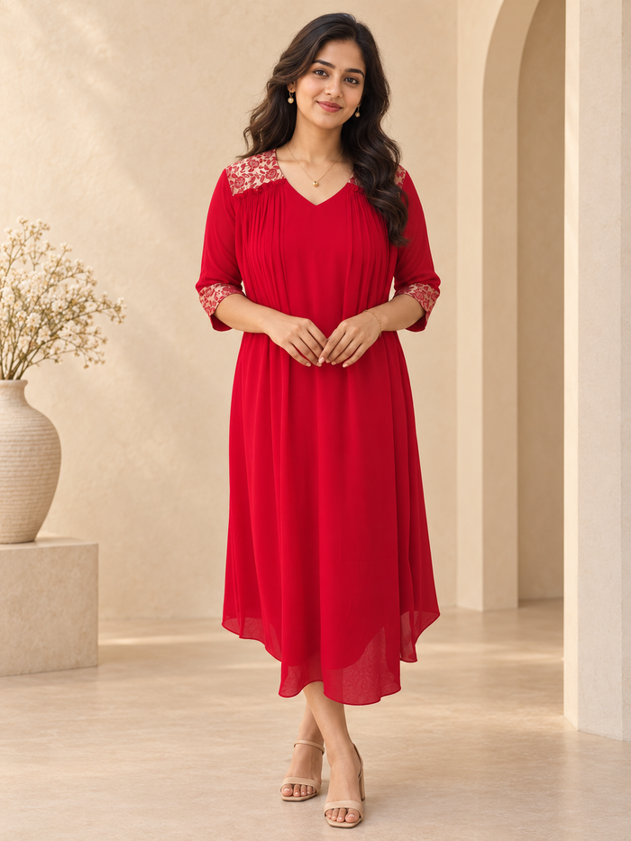 Red blooming georgette Aline kurti with brocade upper yoke MBS-1420