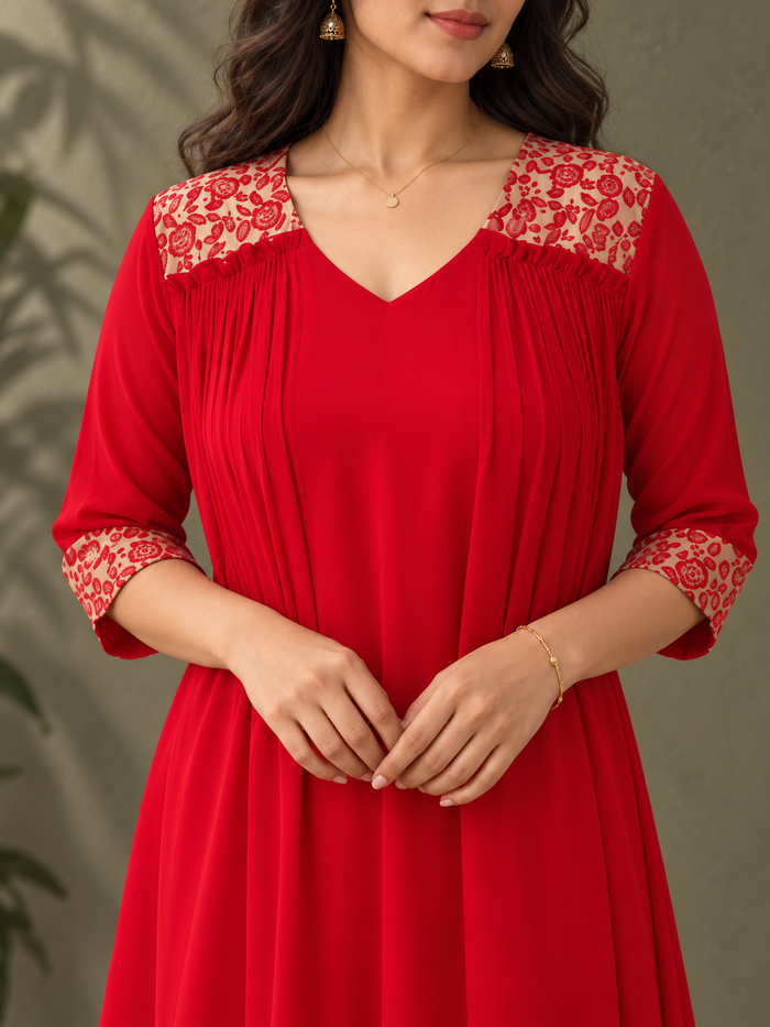 Red blooming georgette Aline kurti with brocade upper yoke MBS-1420