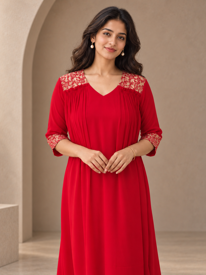 Red blooming georgette Aline kurti with brocade upper yoke MBS-1420
