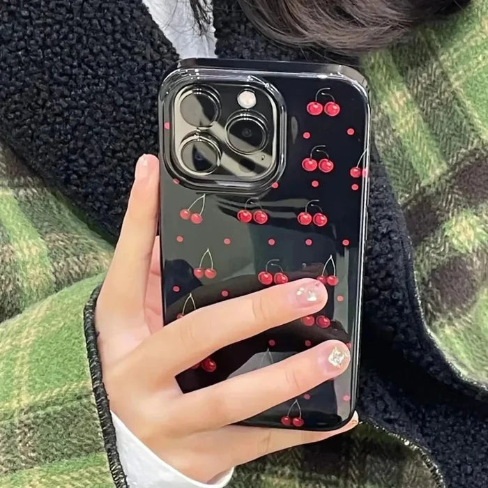 Red Cherry Gloss Black Simple Phone Case For iPhone PhoneShells