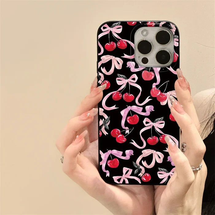Red Cherry Gloss Black Simple Phone Case For iPhone PhoneShells