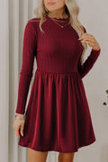 Red Dahlia Frilled Neck Ribbed Knit Patchwork Long Sleeve Mini Dress Shewin