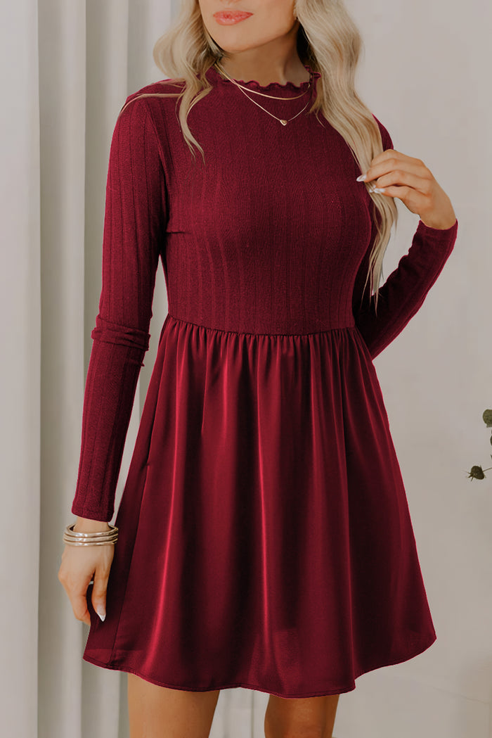 Red Dahlia Frilled Neck Ribbed Knit Patchwork Long Sleeve Mini Dress Shewin