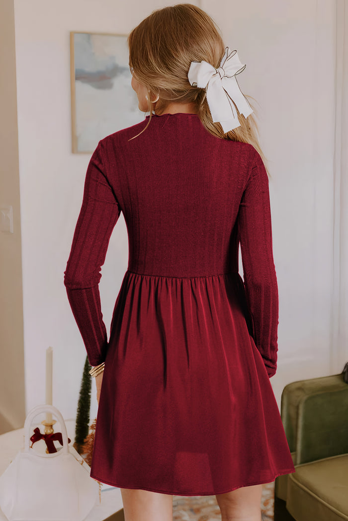 Red Dahlia Frilled Neck Ribbed Knit Patchwork Long Sleeve Mini Dress Shewin