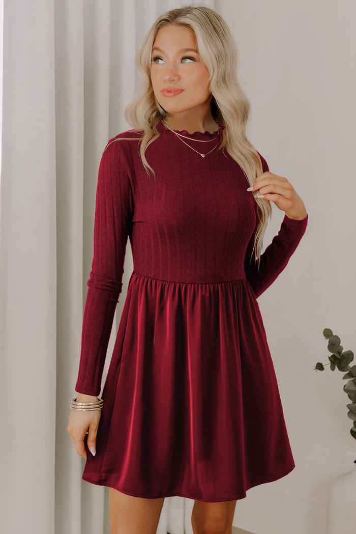 Red Dahlia Frilled Neck Ribbed Knit Patchwork Long Sleeve Mini Dress Shewin