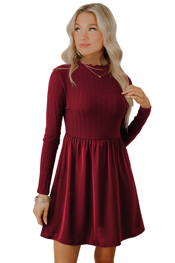 Red Dahlia Frilled Neck Ribbed Knit Patchwork Long Sleeve Mini Dress Shewin