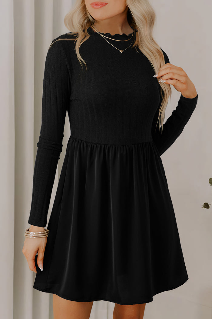 Red Dahlia Frilled Neck Ribbed Knit Patchwork Long Sleeve Mini Dress Shewin