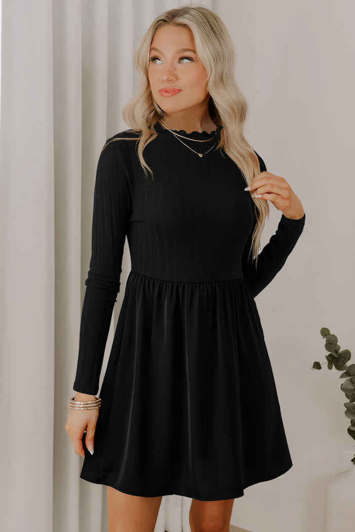 Red Dahlia Frilled Neck Ribbed Knit Patchwork Long Sleeve Mini Dress Shewin