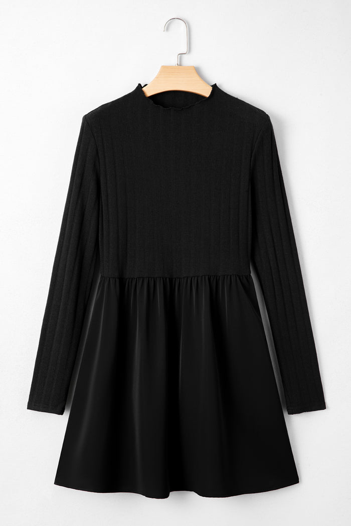 Red Dahlia Frilled Neck Ribbed Knit Patchwork Long Sleeve Mini Dress Shewin