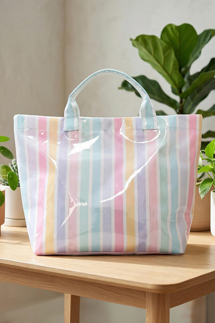 Red Glossy Striped Vinyl Large Tote Bag (Color Varied) Shewin