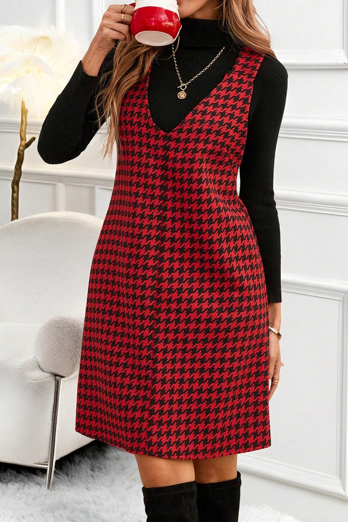 Red Houndstooth Print V Neck Sleeveless Mini Dress Shewin