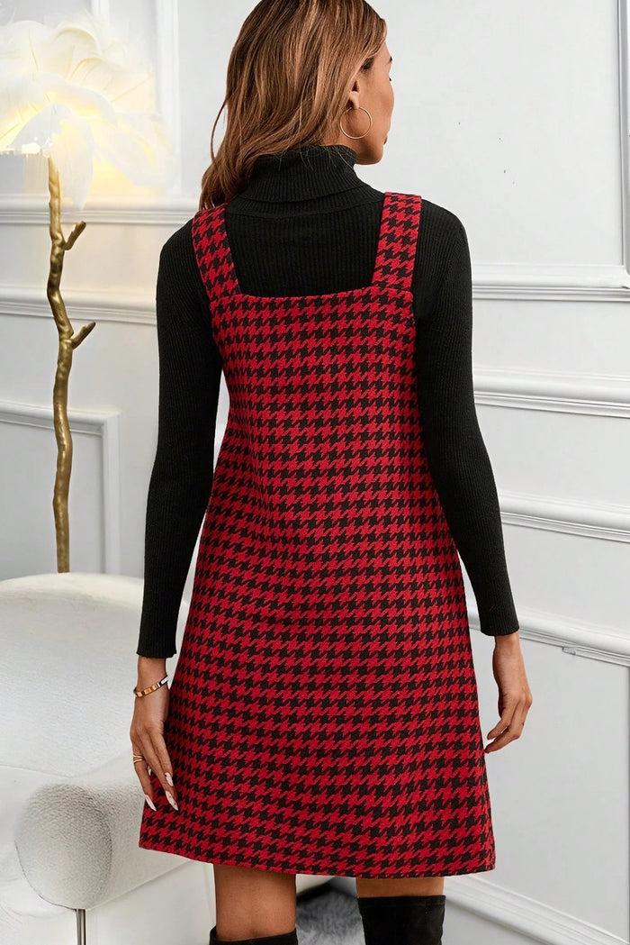 Red Houndstooth Print V Neck Sleeveless Mini Dress Shewin