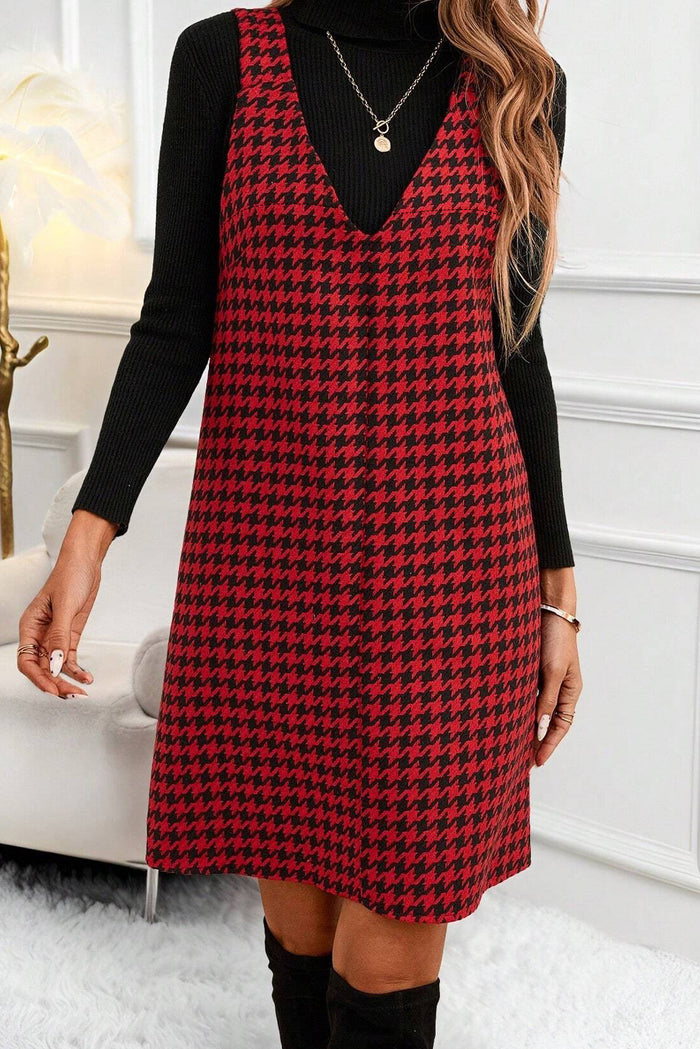 Red Houndstooth Print V Neck Sleeveless Mini Dress Shewin
