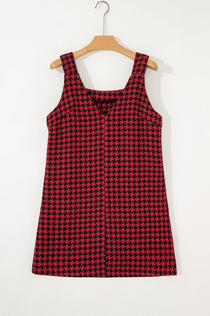 Red Houndstooth Print V Neck Sleeveless Mini Dress Shewin