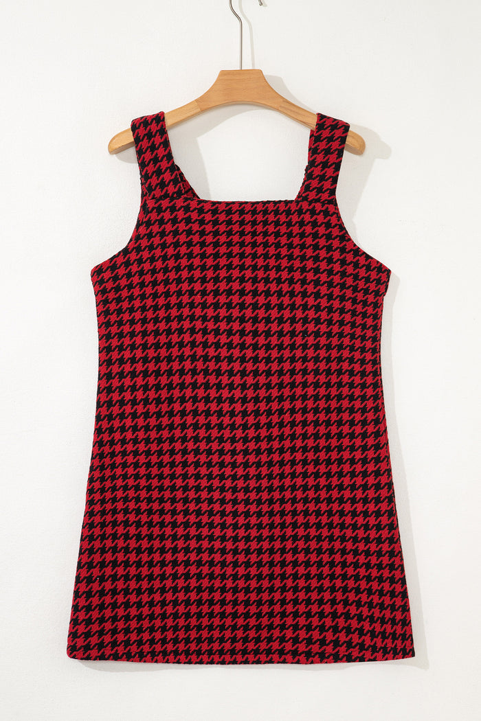Red Houndstooth Print V Neck Sleeveless Mini Dress Shewin
