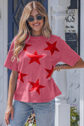 Red Independence Day Star Printed Mineral Wash T Shirt Shewin