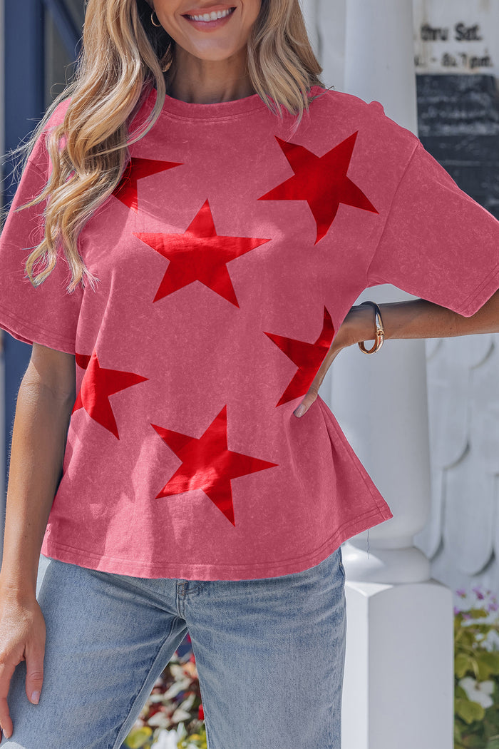 Red Independence Day Star Printed Mineral Wash T Shirt Shewin