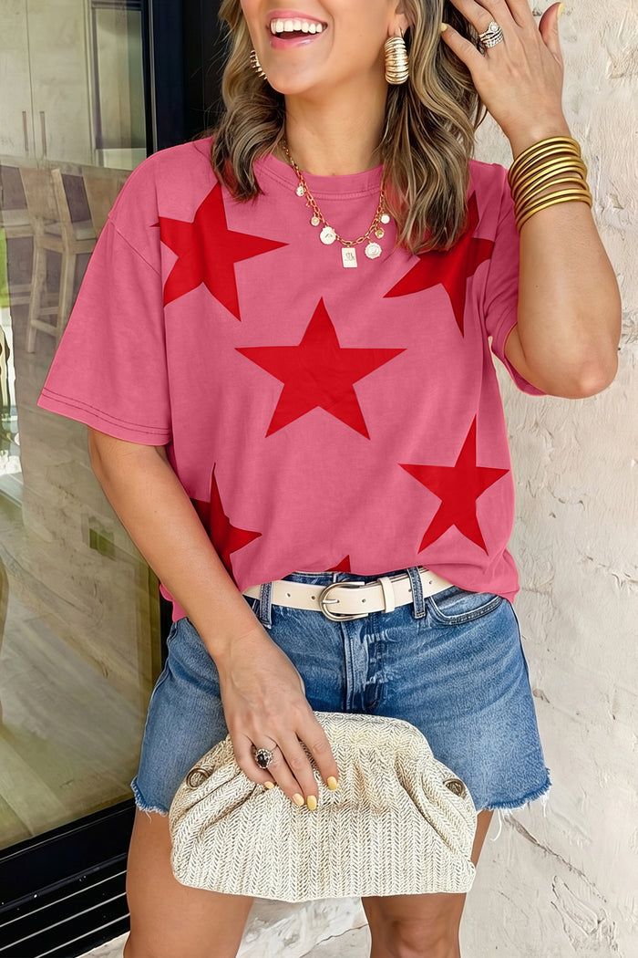 Red Independence Day Star Printed Mineral Wash T Shirt Shewin