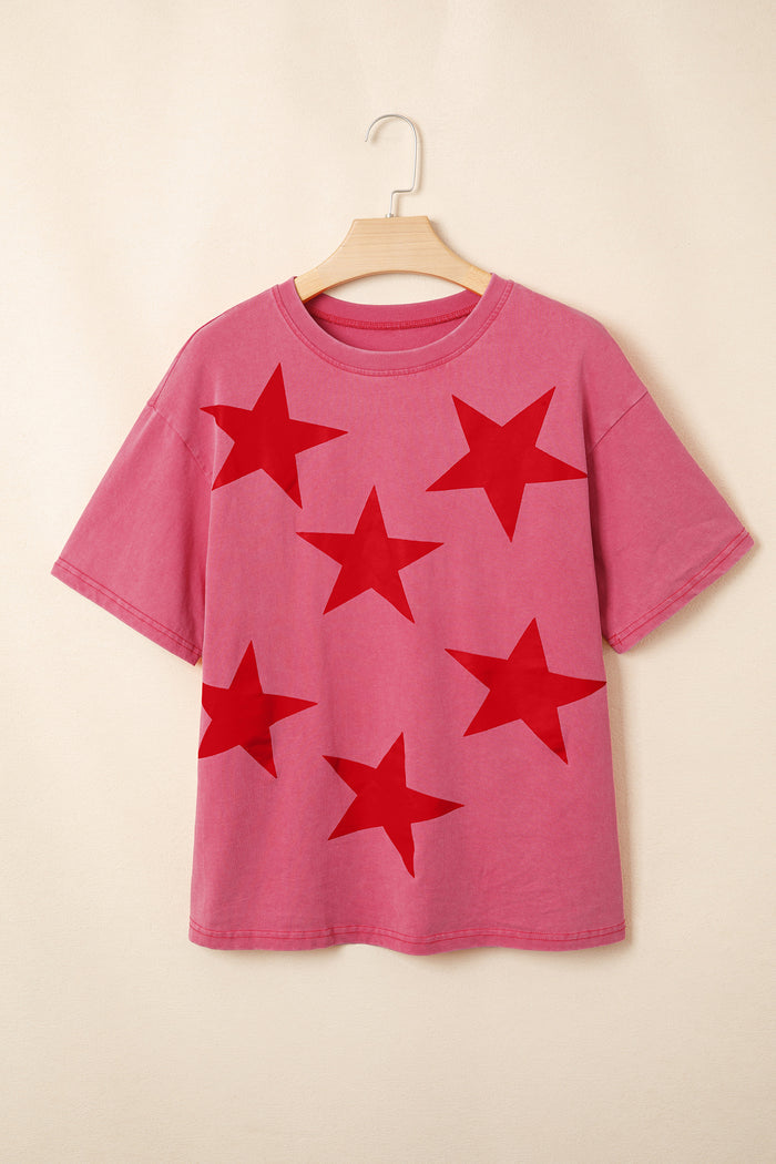 Red Independence Day Star Printed Mineral Wash T Shirt Shewin