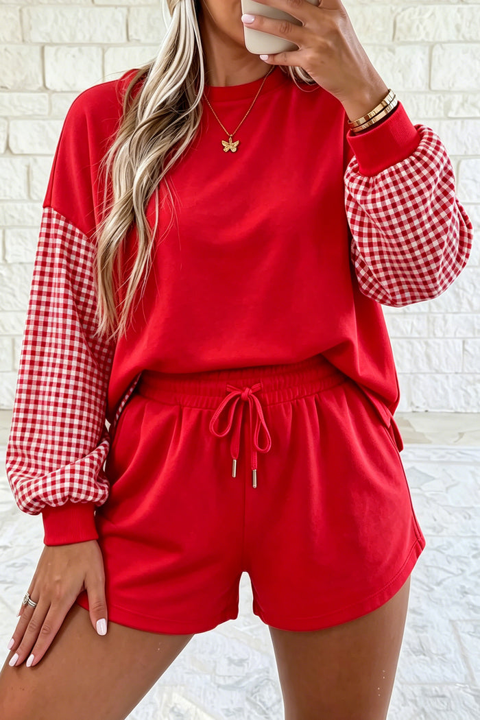 Red Plaid Patchwork Long Sleeve Top Solid Drawstring Shorts Set Shewin