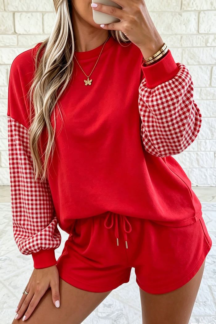 Red Plaid Patchwork Long Sleeve Top Solid Drawstring Shorts Set Shewin