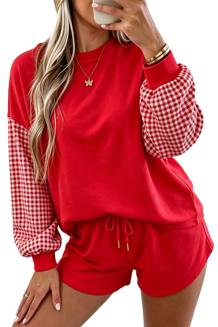 Red Plaid Patchwork Long Sleeve Top Solid Drawstring Shorts Set Shewin