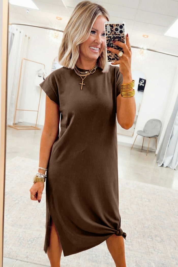 Red Sandalwood Solid Color Long T Shirt Dress with Slits Shewin