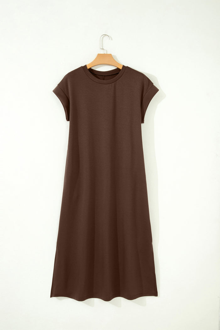 Red Sandalwood Solid Color Long T Shirt Dress with Slits Shewin