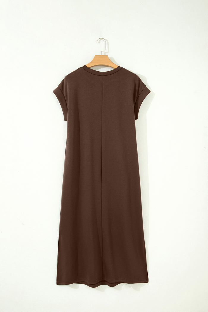 Red Sandalwood Solid Color Long T Shirt Dress with Slits Shewin