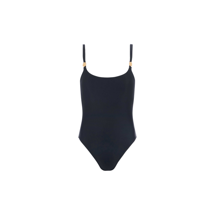 The Remi One-Piece Swimsuit in black features thin adjustable shoulder straps, gold-tone hardware accents, underwire construction, and a high leg cut, displayed against a plain white background.