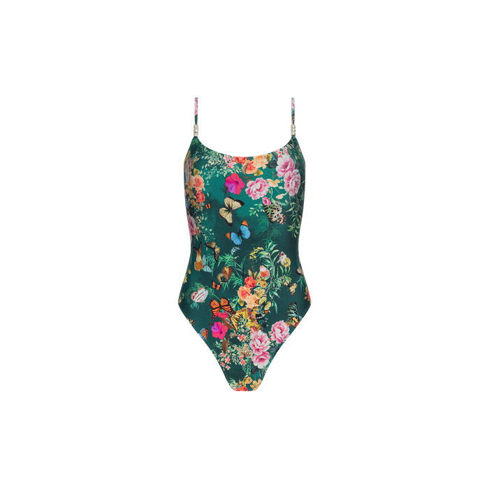Remi One-Piece Swimsuit in green with adjustable straps, showcasing a vibrant floral-butterfly print in multiple colors on a crisp white background.