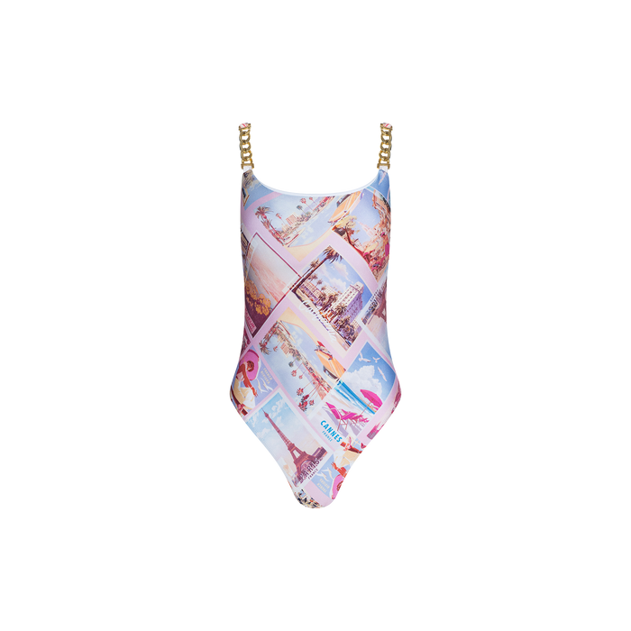 The Remi One-Piece Swimsuit features gold chain hardware straps and a pastel postcard print showcasing beaches, palm trees, and cityscapes. Displayed against a plain white background, this stylish maillot offers UPF 50 sun protection along with a standout design.