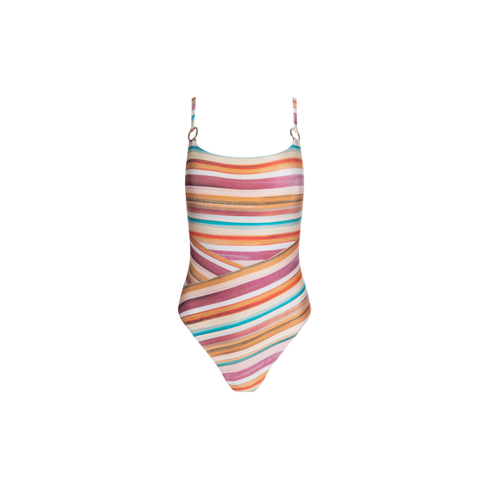 The Remi One-Piece Swimsuit features a high-leg maillot silhouette with retro-inspired watercolor stripes in shades of pink, orange, blue, and brown arranged in horizontal and diagonal patterns. Designed with a scoop neckline and thin adjustable straps, this suit is set against a crisp white background.