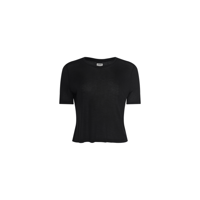 The Remy Tee is a relaxed fit, short-sleeve t-shirt in plain black, crafted from soft micro modal jersey and displayed on a white background.