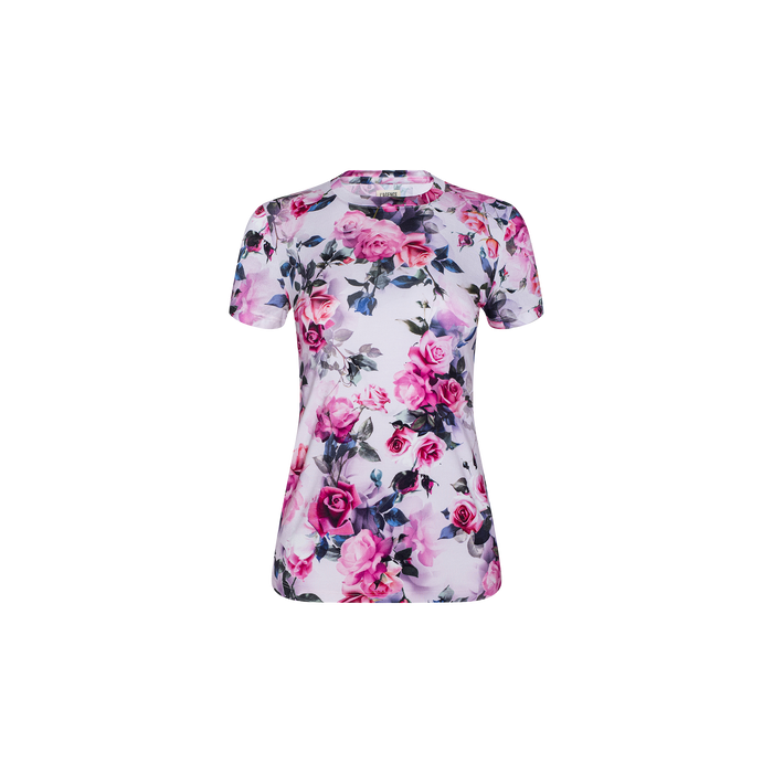 Introducing the Ressi Fitted Tee: a short-sleeved women’s t-shirt crafted from stretch jersey knit, featuring a vibrant pink rose print and purple floral pattern on a white background. This bestselling tee combines comfort with feminine style.