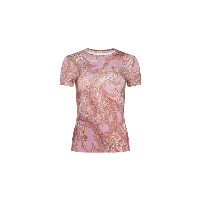 Ressi Fitted Tee crafted from stretch jersey knit, featuring a mauve paisley print in pink and beige, displayed on a plain white background.