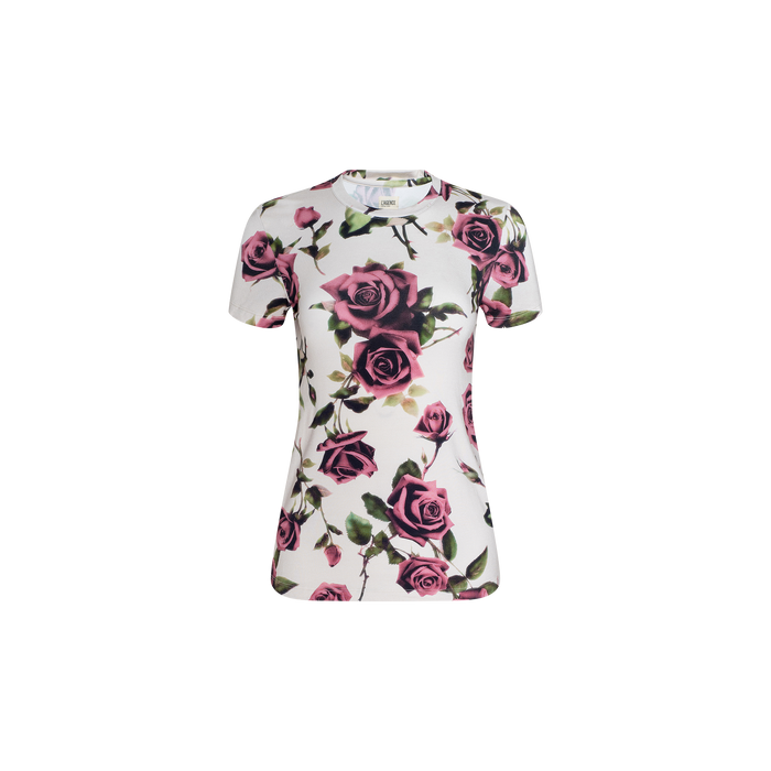 The Ressi Fitted Tee is a white short-sleeve T-shirt featuring a pink rose floral print with green leaves scattered across the fabric, crafted from stretch jersey knit for a comfortable fit.