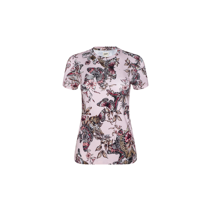The Ressi Fitted Tee is a bestselling short-sleeve top crafted from stretch jersey knit in light pink, featuring a detailed butterfly jungle print with black, red, and beige accents on a plain white background.