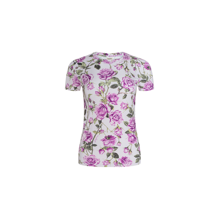 The Ressi Fitted Tee is a short-sleeve white stretch jersey t-shirt with a slim cut, showcasing an all-over purple rose and green leaf print, displayed on a plain white background.