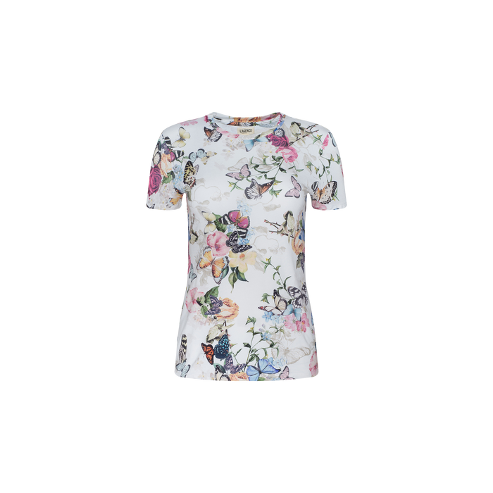 The Ressi Fitted Tee is a white short-sleeve t-shirt crafted from soft stretch jersey knit, featuring a colorful butterfly garden print with floral accents throughout, displayed on a plain light background.