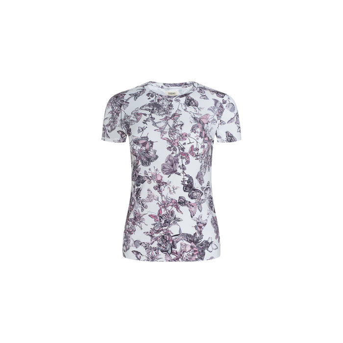Introducing the Ressi Fitted Tee: a bestselling slim-cut short-sleeve t-shirt in vintage white, showcasing a striking purple and black floral and butterfly print set against a classic plain background.