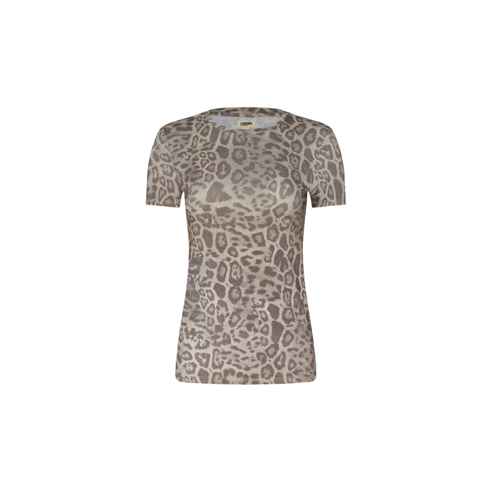 Ressi Fitted Tee—this bestselling short-sleeve top is crafted from stretch jersey knit and showcases a beige and brown leopard print on a plain white background. Designed for a fitted silhouette, it blends comfort and style for effortless everyday wear.