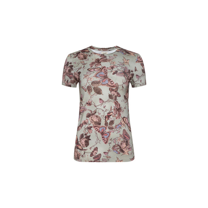 The Ressi Fitted Tee is a short-sleeved, light gray t-shirt adorned with an all-over print of butterflies and flowers in pink, brown, and purple tones. Crafted from soft stretch jersey, it features a flattering slim fit.