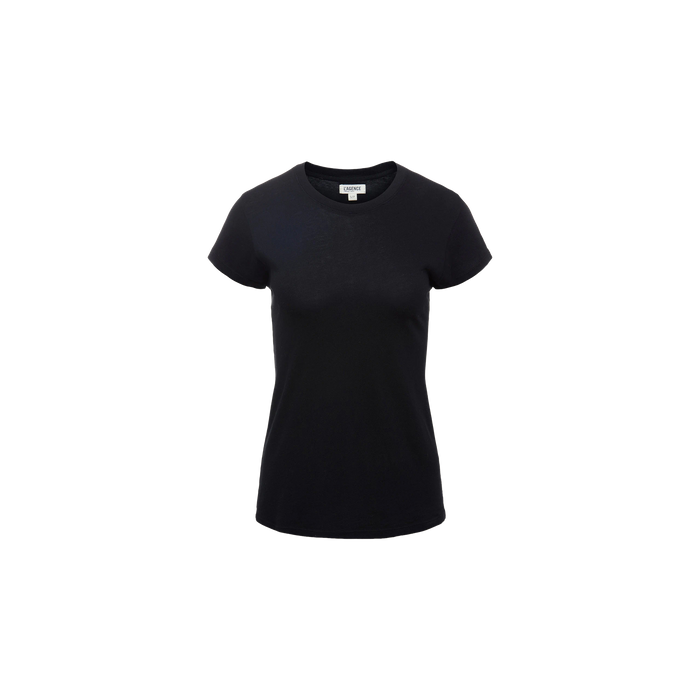 The Ressi Fitted Tee is a luxe microfiber, form-fitting crew neck t-shirt for women in plain black, shown against a white background.