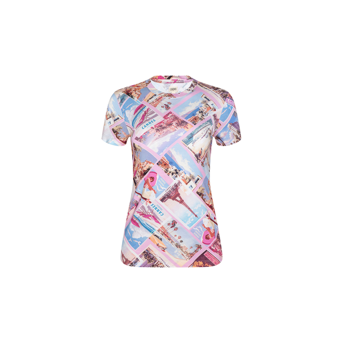 Ressi Fitted Tee: This bestselling short-sleeve T-shirt showcases a colorful, all-over print of vintage postcard images—beaches, palm trees, and mountains—set against a white background. Crafted from stretch jersey knit for comfort, the Ressi Fitted Tee features a slim cut for a modern silhouette and is displayed on a plain white backdrop.