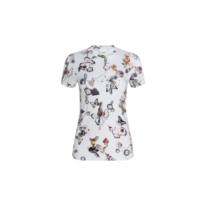 Ressi Fitted Tee: A white short-sleeve t-shirt featuring a colorful, whimsical all-over print of various cartoon-like animals and objects. Crafted from stretch jersey knit for comfort, this bestselling tee has a slim fit and is displayed on a plain white background.