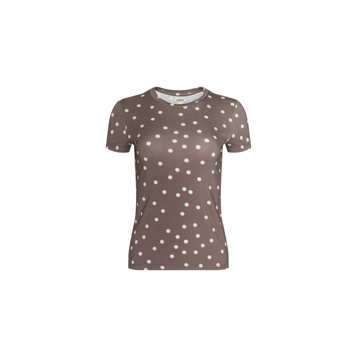 Ressi Fitted Tee – a brown, short-sleeve crew neck t-shirt featuring an all-over white polka dot pattern, crafted from soft stretch jersey knit for a slim cut fit.
