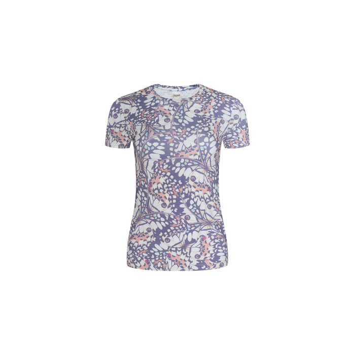 The Ressi Fitted Tee is a short-sleeved t-shirt showcasing an abstract floral pattern with blue, white, and pink butterfly wing prints on a plain white background.