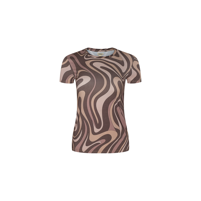 The Ressi Fitted Tee is a short-sleeved, fitted t-shirt made from stretch jersey knit, showcasing a brown, beige, and pink abstract swirl print on a white background.